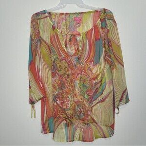Rainbow Paisley 90s Chiffon funky semi sheer art to wear blouse size xxl m
